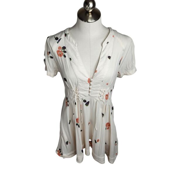 Free People Dream Girl Mini Dress Womens‎ Size 6 Ivory Blackberry Print Flaw - Picture 1 of 13